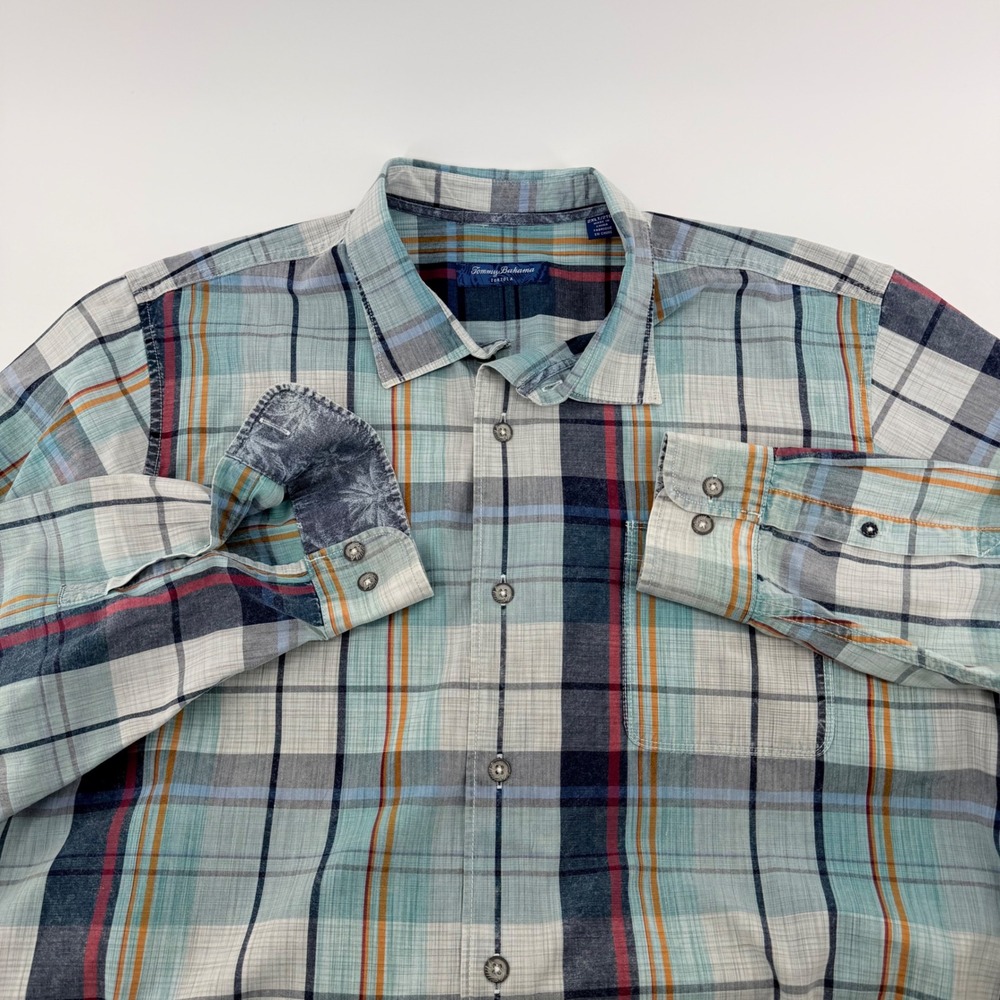 Tommy Bahama Tortola Plaid Button Down Shirt 2XLT Teal Blue Cotton Long Sleeve